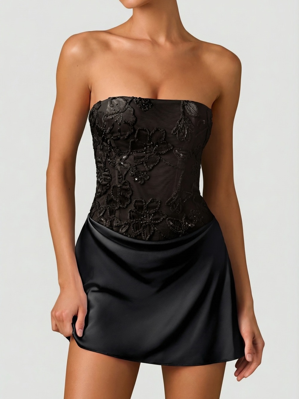 NEW Oh Polly Eden Black Floral Embellished Velvet Draped A-line Mini Dress
